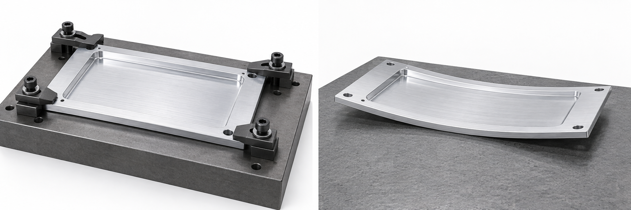 Illustration of a pocketed aluminum plate held on a fixture by four clamps. No inspection result is shown.
