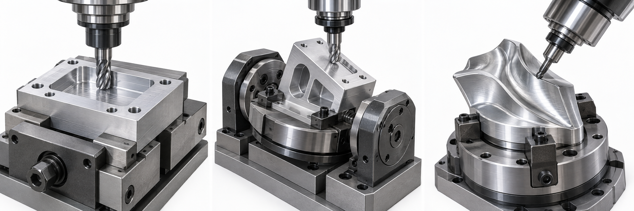 Illustration: vertical end mill over a pocketed aluminum block held in a vise; not a verified machine setup.