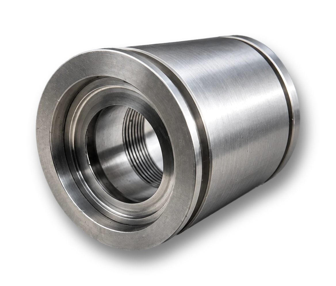 Mill-turned sleeve with a stepped bore, internal threads and end flange
