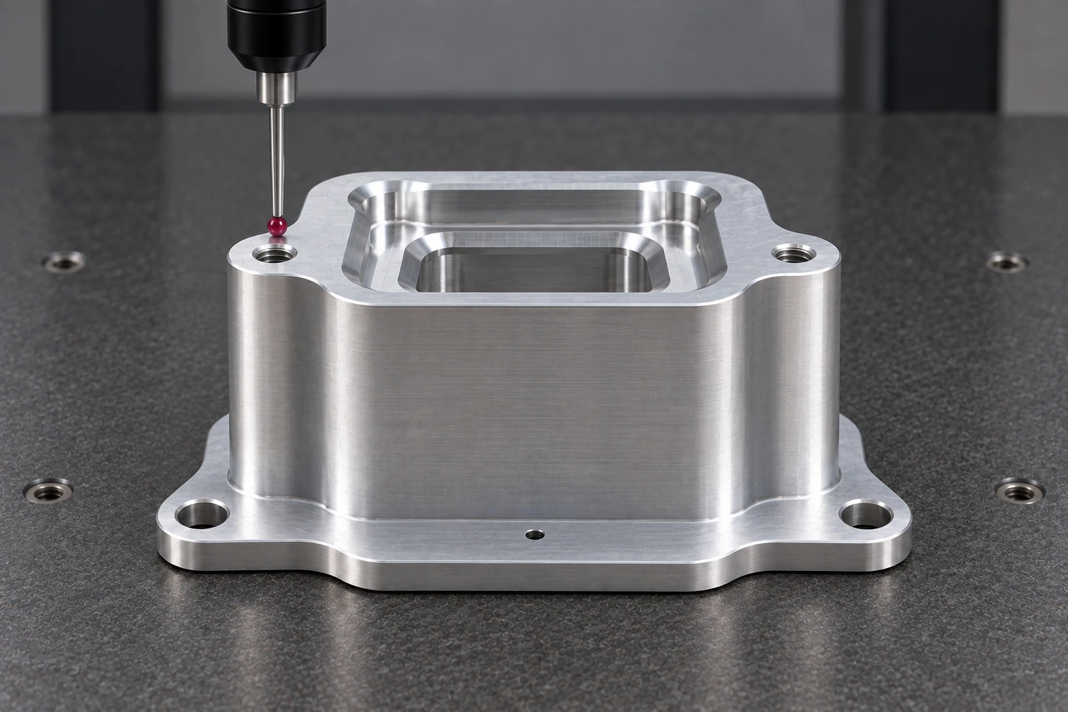 CMM probe contacting the upper face of a flanged aluminum housing