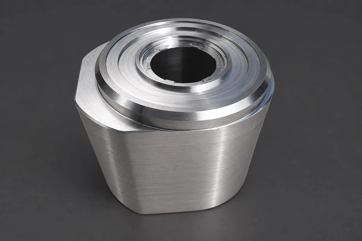 Stepped-bore housing, end view, showing concentric stepped bores